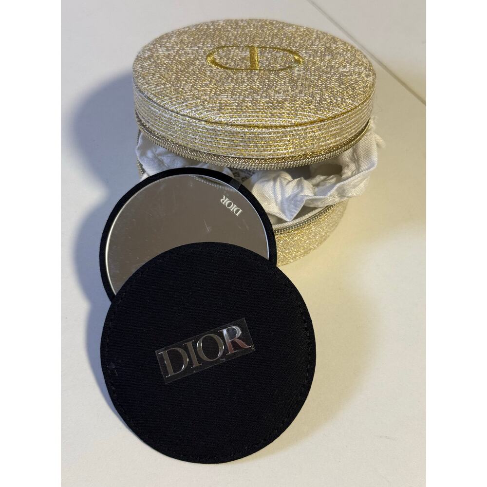 Dior Gold Glitter Designer Travel Jewelry Round Case Pouch w Black Mirror - NEW